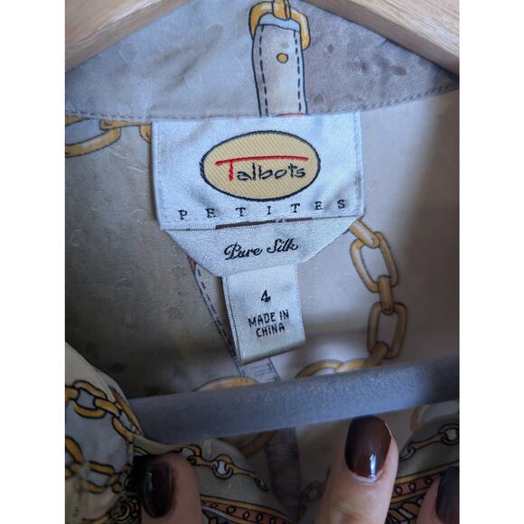 Talbots Petites Pure Silk Gold Button Up Blouse Women Size 4 Equestrian Chain - Picture 6 of 12